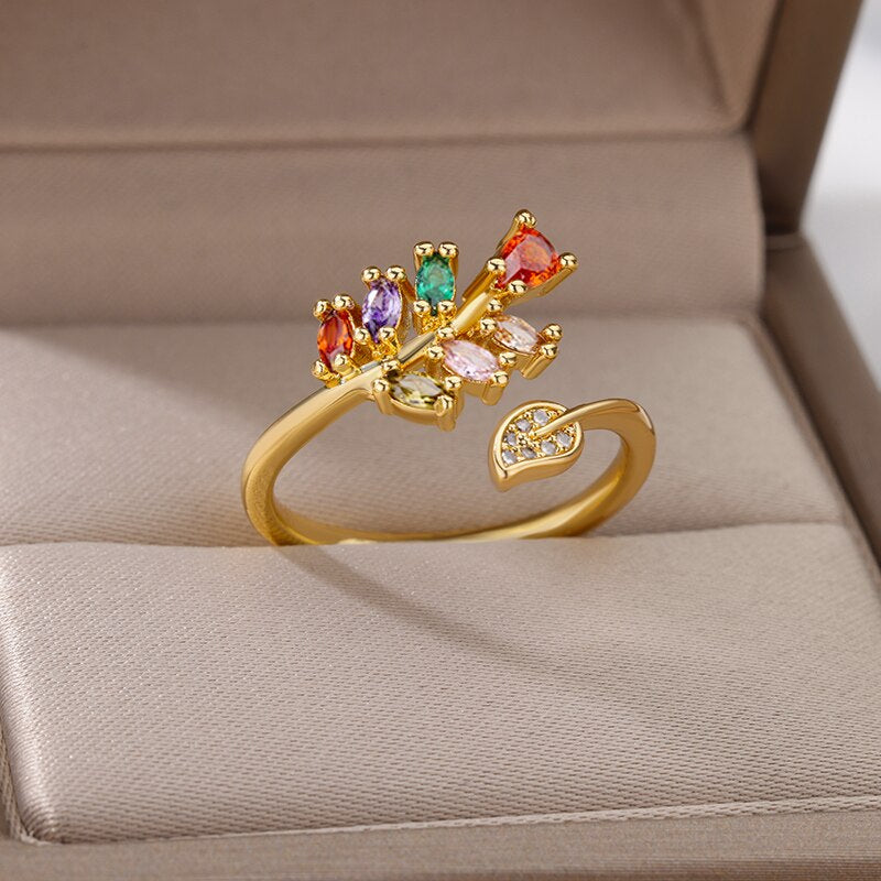 Verstellbarer 18K vergoldeter Ring mit mehrfarbigen Zirkonia Blumen