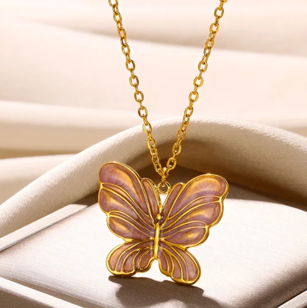 18 Karat vergoldete emaillierte Rose Schmetterling Halskette