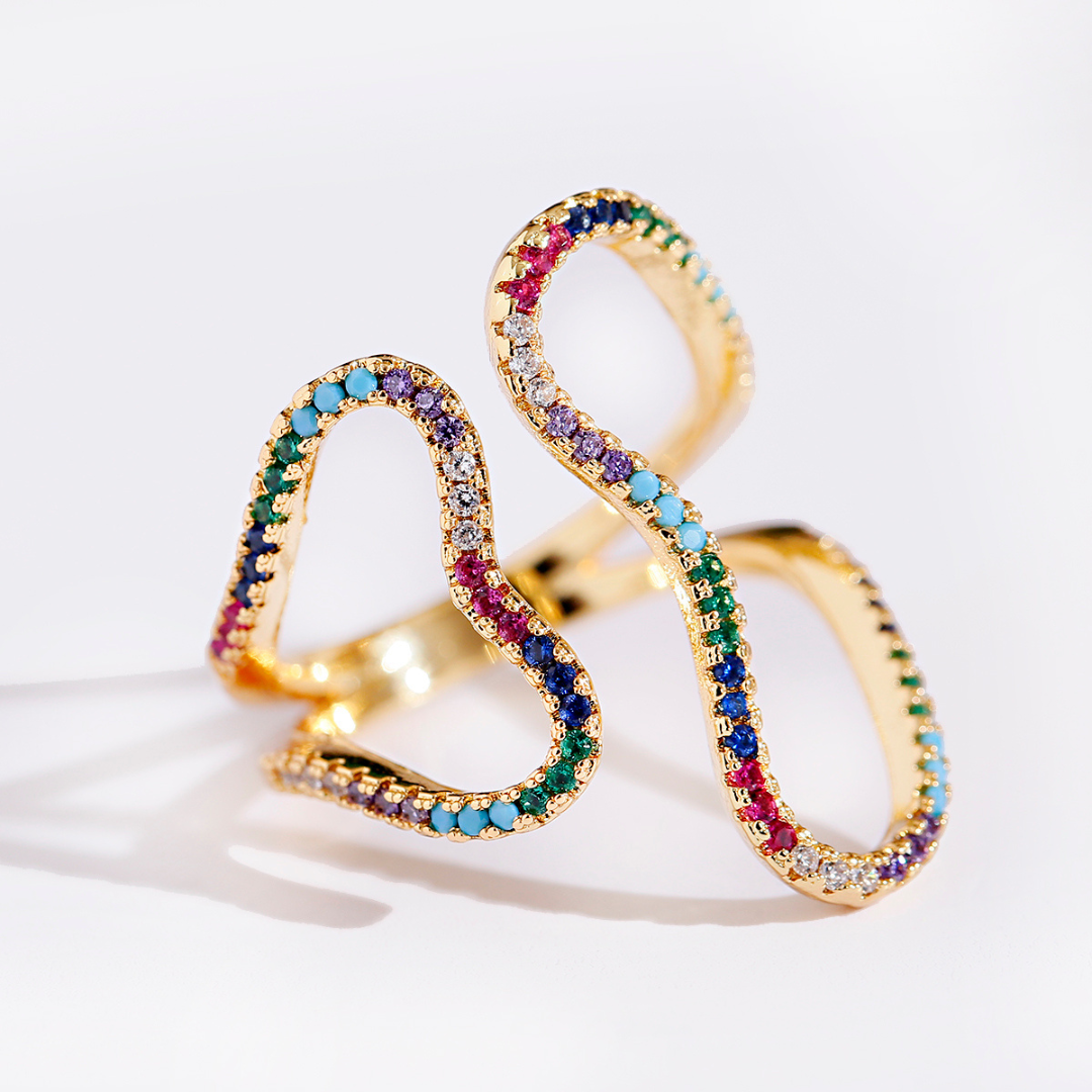 Verstellbarer Ring mit farbigen Zirkoniasteinen, 18 Karat vergoldet