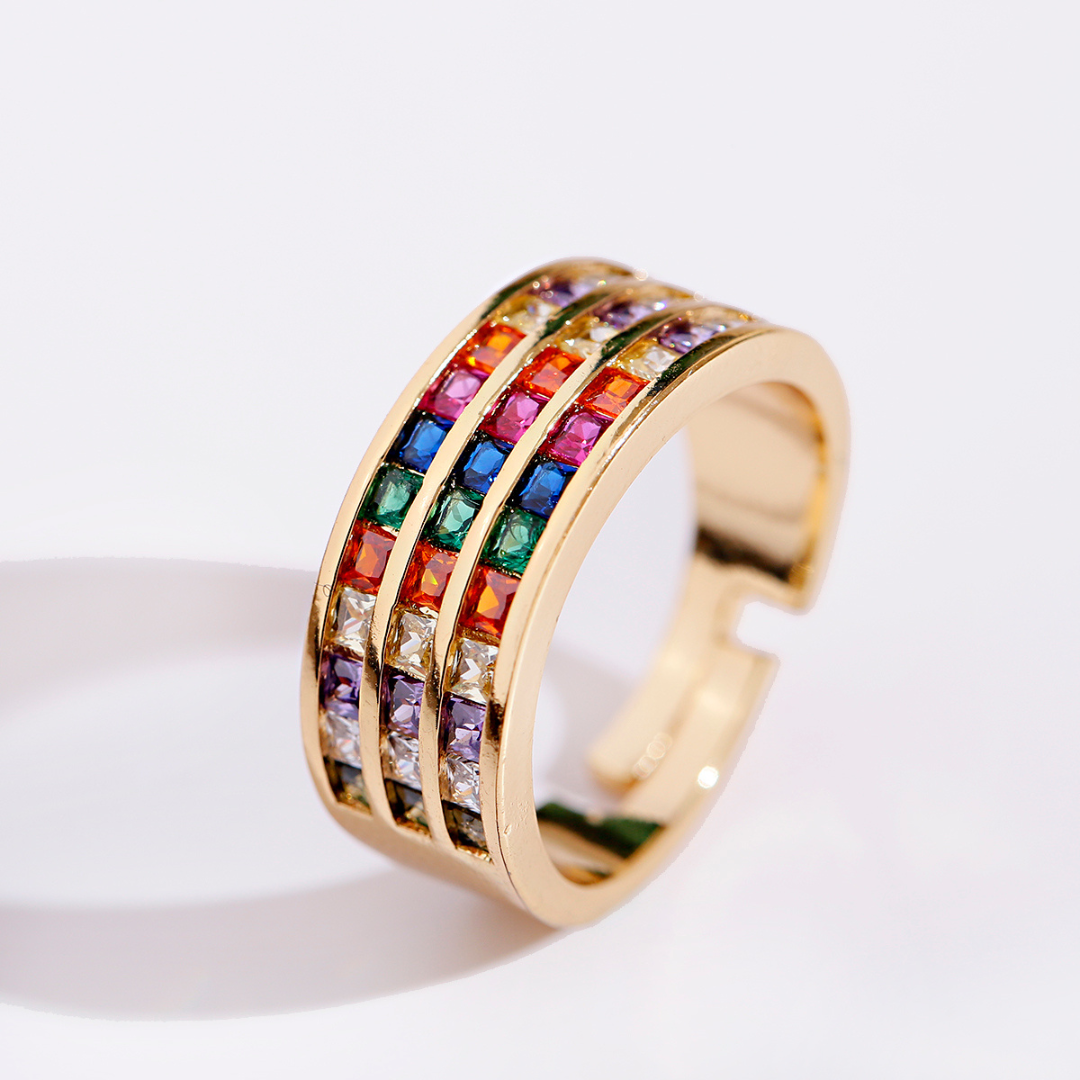 18K Gold Plated Eleganter verstellbarer Ring mit farbigen Zirkonia